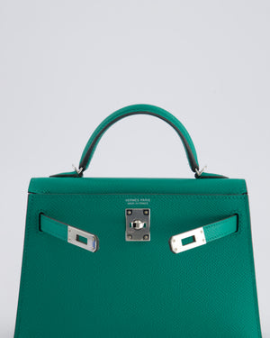 Hermès Mini Kelly II 20cm Bag in Vert Jade Epsom Leather with Palladium Hardware & Wool Bicolour Strap