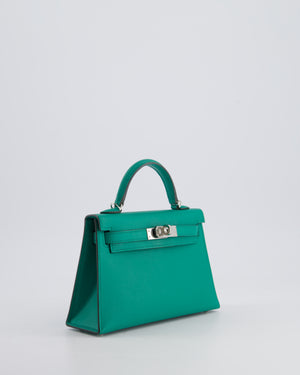 Hermès Mini Kelly II 20cm Bag in Vert Jade Epsom Leather with Palladium Hardware & Wool Bicolour Strap