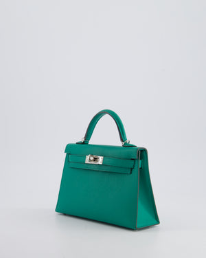 Hermès Mini Kelly II 20cm Bag in Vert Jade Epsom Leather with Palladium Hardware & Wool Bicolour Strap