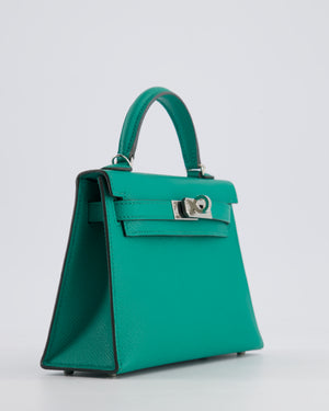 Hermès Mini Kelly II 20cm Bag in Vert Jade Epsom Leather with Palladium Hardware & Wool Bicolour Strap