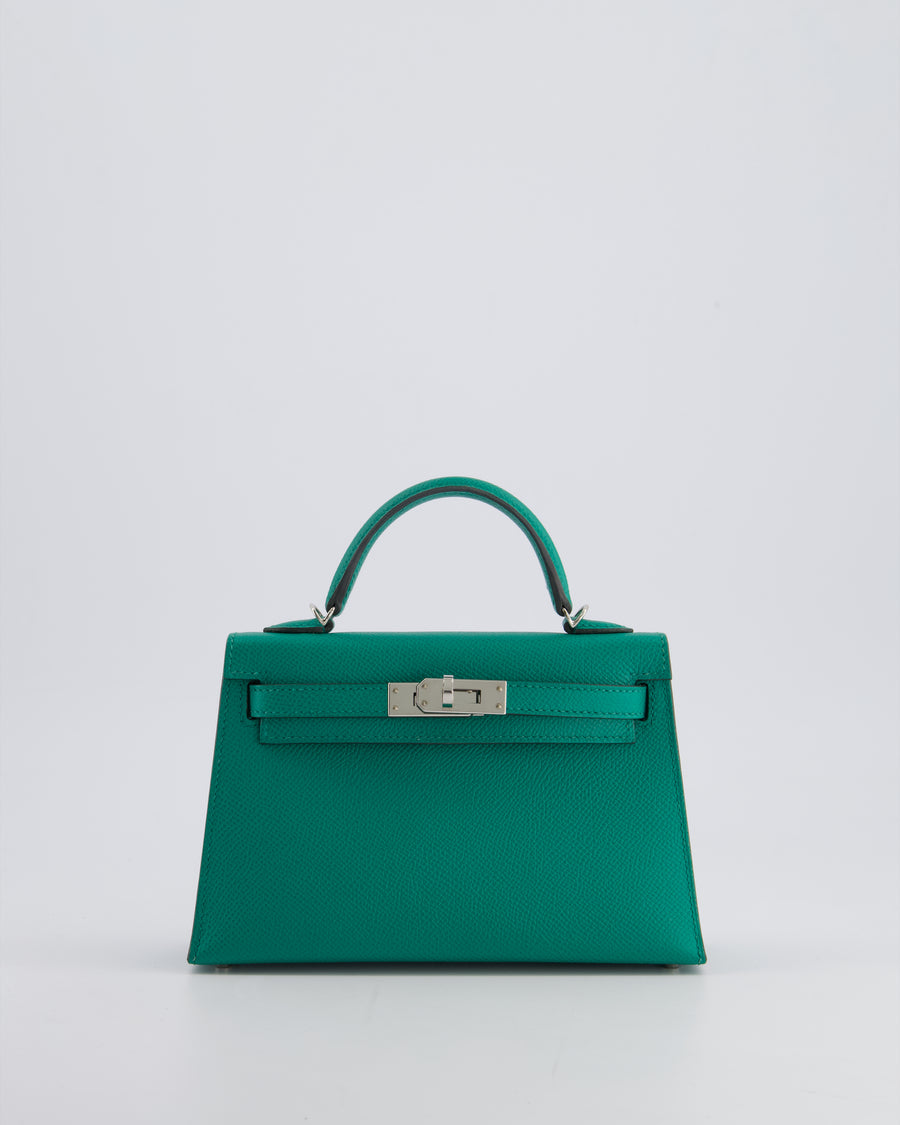 Hermès Mini Kelly II 20cm Bag in Vert Jade Epsom Leather with Palladium Hardware & Wool Bicolour Strap