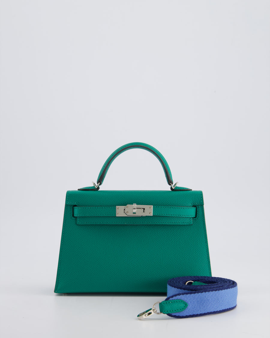 Hermès Mini Kelly II 20cm Bag in Vert Jade Epsom Leather with Palladium Hardware & Wool Bicolour Strap