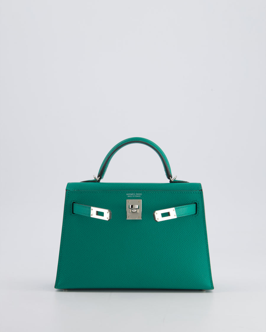 Hermès Mini Kelly II 20cm Bag in Vert Jade Epsom Leather with Palladium Hardware & Wool Bicolour Strap