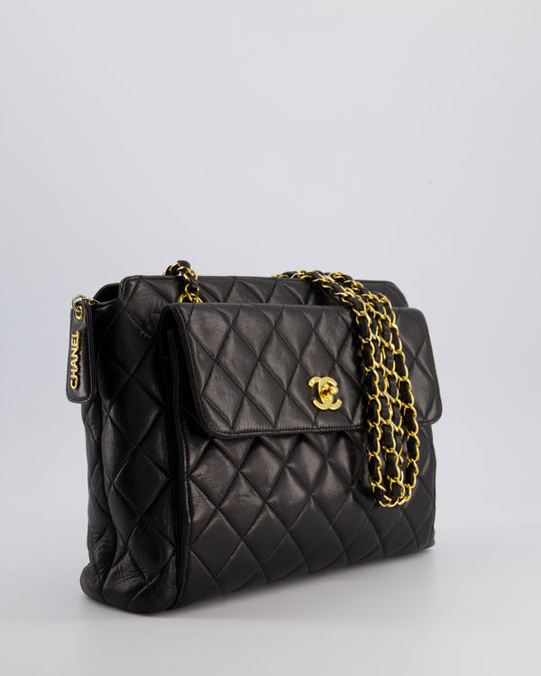 Chanel Vintage Black Quilted CC Front Flap Logo Bag with Chain and Zip in Lambskin Leather with 24K Gold Hardware