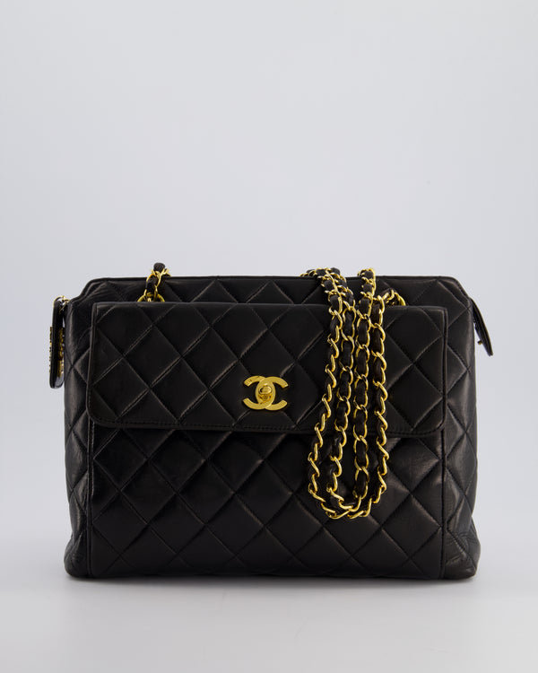 Chanel Vintage Black Quilted CC Front Flap Logo Bag with Chain and Zip in Lambskin Leather with 24K Gold Hardware