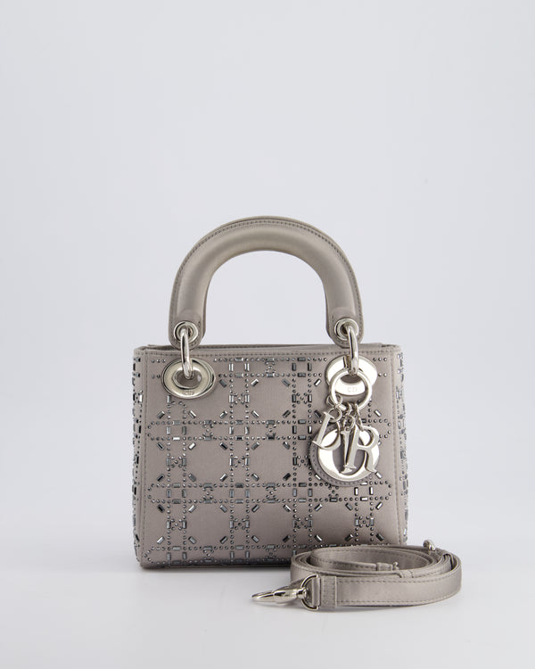 Christian Dior Silver Satin Mini Lady Dior Bag with Beaded Cannage Embroidery and Silver Hardware