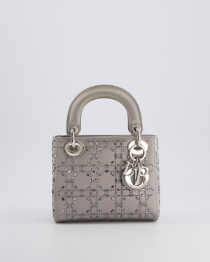 Christian Dior Silver Satin Mini Lady Dior Bag with Beaded Cannage Embroidery and Silver Hardware