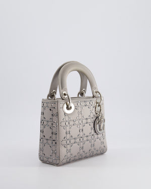 Christian Dior Silver Satin Mini Lady Dior Bag with Beaded Cannage Embroidery and Silver Hardware