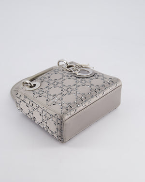 Christian Dior Silver Satin Mini Lady Dior Bag with Beaded Cannage Embroidery and Silver Hardware