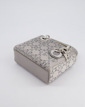 Christian Dior Silver Satin Mini Lady Dior Bag with Beaded Cannage Embroidery and Silver Hardware