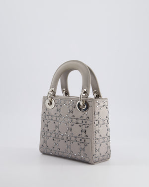 Christian Dior Silver Satin Mini Lady Dior Bag with Beaded Cannage Embroidery and Silver Hardware