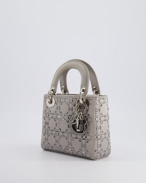 Christian Dior Silver Satin Mini Lady Dior Bag with Beaded Cannage Embroidery and Silver Hardware