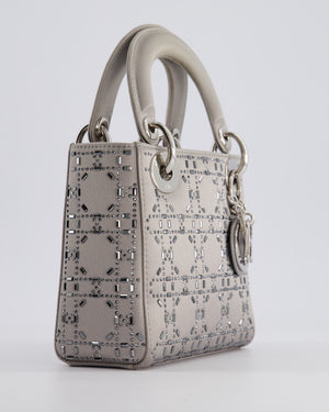 Christian Dior Silver Satin Mini Lady Dior Bag with Beaded Cannage Embroidery and Silver Hardware