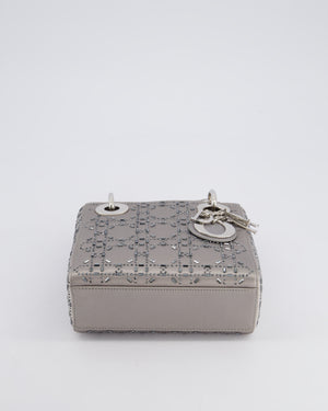 Christian Dior Silver Satin Mini Lady Dior Bag with Beaded Cannage Embroidery and Silver Hardware