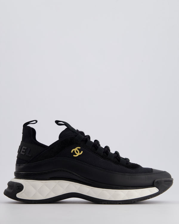 Chanel Black Fabric and Leather Trainers with White Soles and Gold CC Logo Size EU 38.5