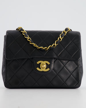 Chanel Vintage Black Mini Square Single Flap Bag in Lambskin Leather with 24K Gold Hardware