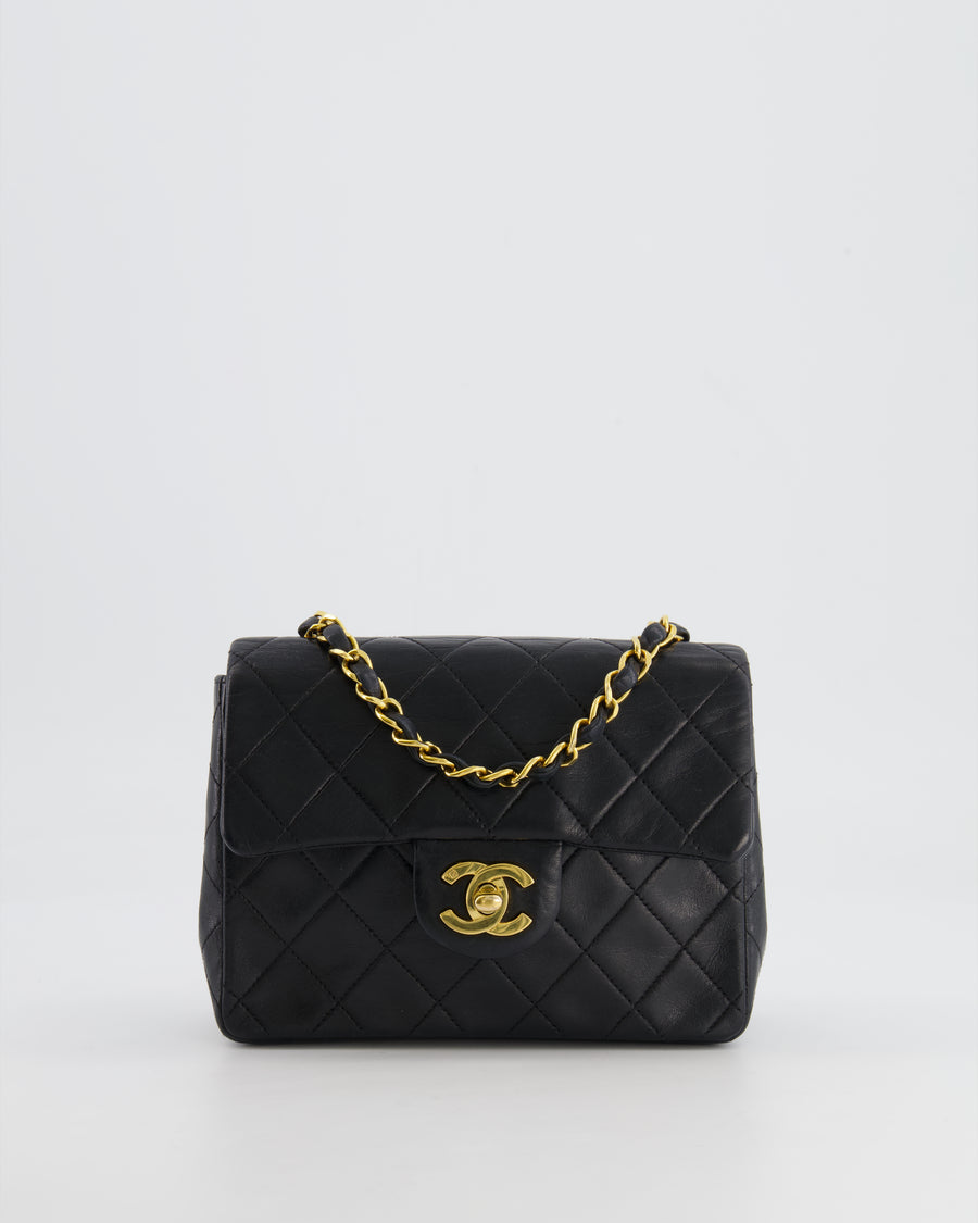 Chanel Vintage Black Mini Square Single Flap Bag in Lambskin Leather with 24K Gold Hardware