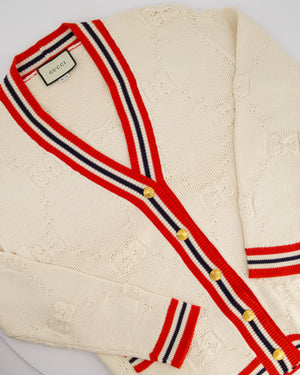 Gucci Cream, Red and Blue GG Knit Wool Blend Cardigan with Stripe Trim and Gold Buttons Size S (UK 8)