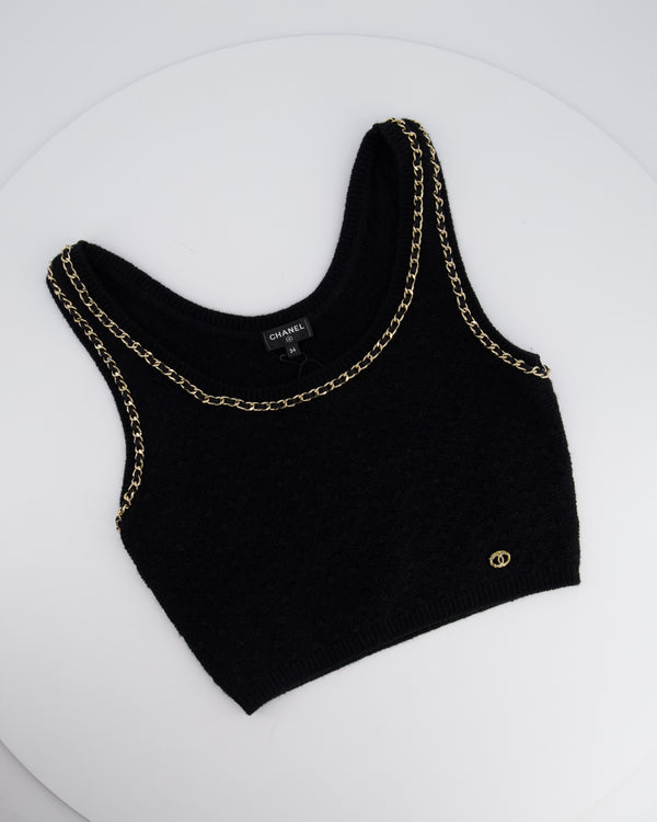 Chanel 23B Black Cashmere Knit Tank Top with Gold Chain and Logo Detail Size FR 34 (UK 6) RRP £2150