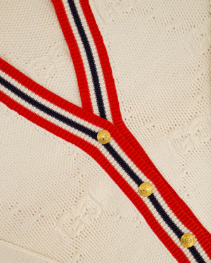 Gucci Cream, Red and Blue GG Knit Wool Blend Cardigan with Stripe Trim and Gold Buttons Size S (UK 8)