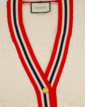 Gucci Cream, Red and Blue GG Knit Wool Blend Cardigan with Stripe Trim and Gold Buttons Size S (UK 8)