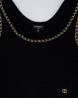 Chanel 23B Black Cashmere Knit Tank Top with Gold Chain and Logo Detail Size FR 34 (UK 6) RRP £2150