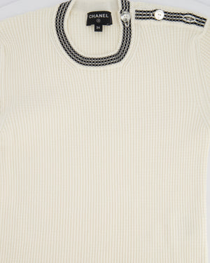 Chanel 22C Cream Knit Long Sleeve Mini Dress with Black Detail and Pearl Logo Buttons Size FR 34 (UK 6) RRP £2450