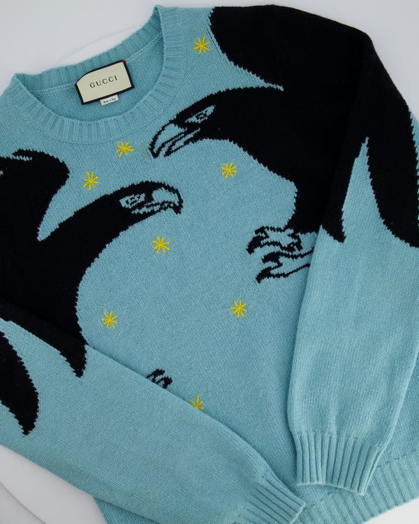 Gucci Blue Intarsia Eagle Star "LOVED" Long Sleeve Jumper Size L (EU 50)