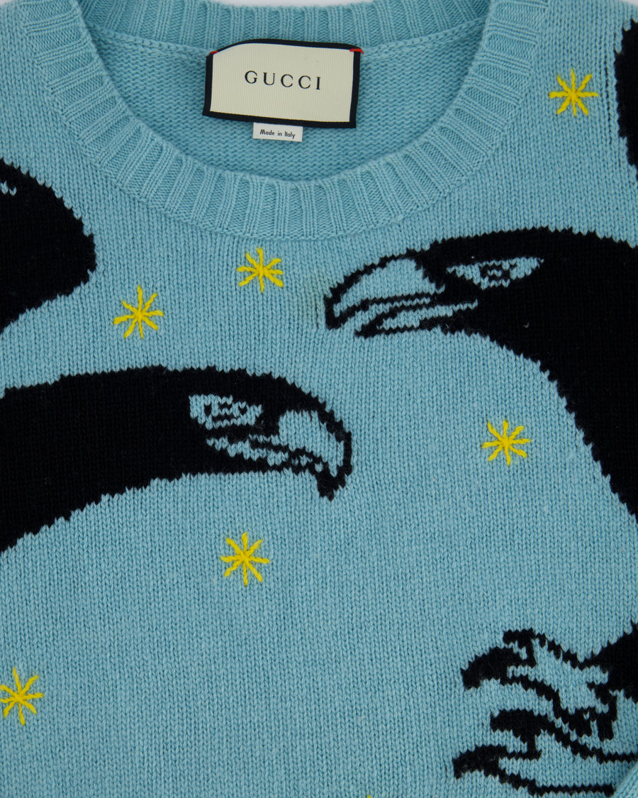 Gucci Blue Intarsia Eagle Star "LOVED" Long Sleeve Jumper Size L (EU 50)