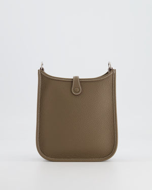 Hermès Mini Evelyne Bag in Etoupe Clemence Leather with Palladium Hardware and Bleu Indigo Strap