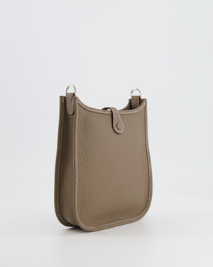 Hermès Mini Evelyne Bag in Etoupe Clemence Leather with Palladium Hardware and Bleu Indigo Strap