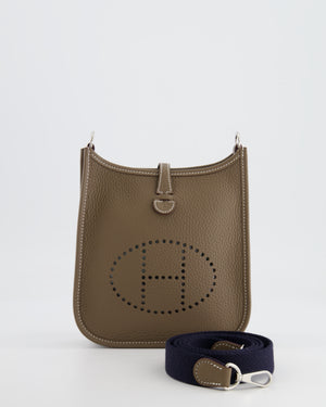 Hermès Mini Evelyne Bag in Etoupe Clemence Leather with Palladium Hardware and Bleu Indigo Strap