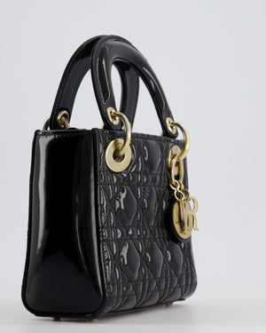 Christian Dior Mini Lady Dior Bag In Black Patent Leather and Champagne Gold Hardware RRP £4,200