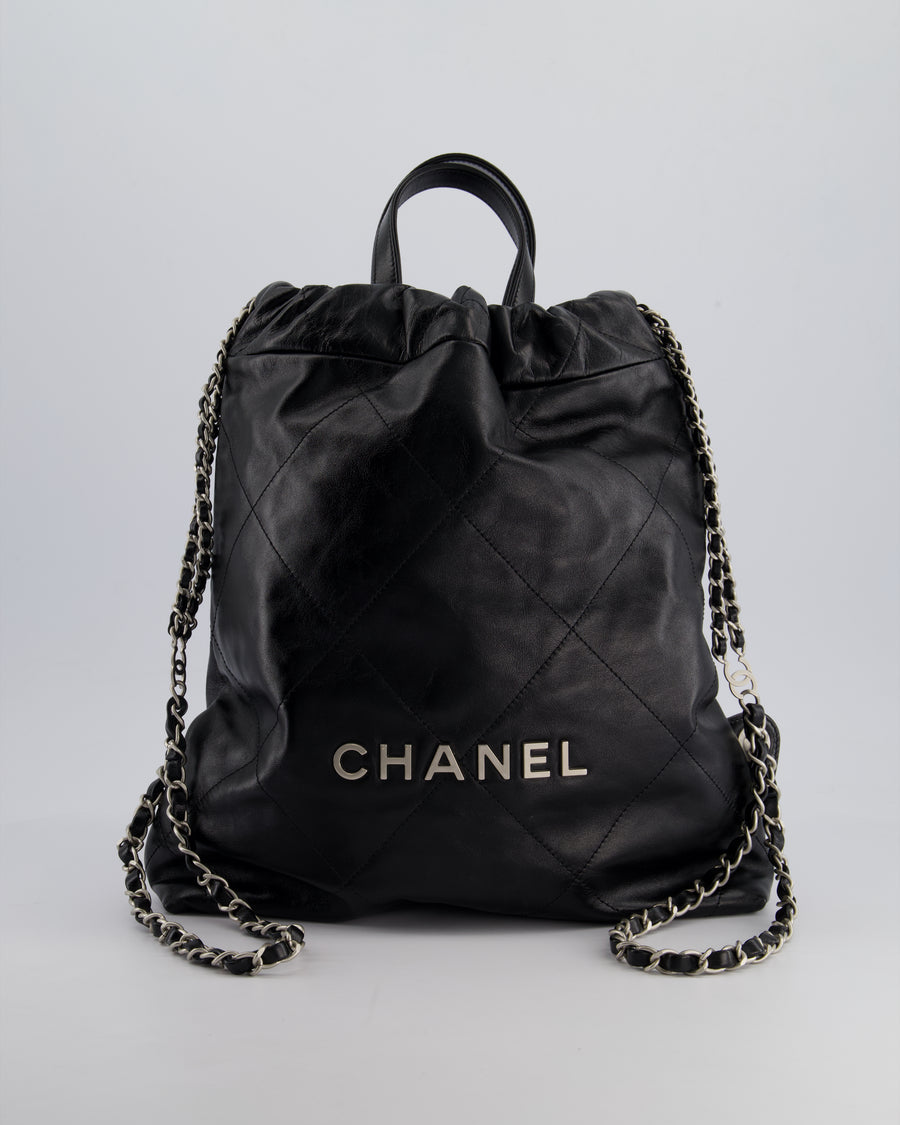 *FIRE PRICE* Chanel 22 Small Backpack Bag in Black Shiny Calfskin with Brushed Silver Hardware