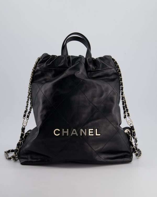 *FIRE PRICE* Chanel 22 Small Backpack Bag in Black Shiny Calfskin with Brushed Silver Hardware