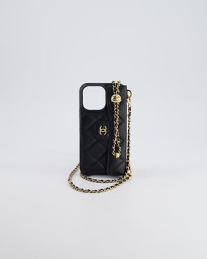 Chanel Black Caviar Cross-Body Phone Case with Champagne Gold Hardware For iPhone 15 Pro Max