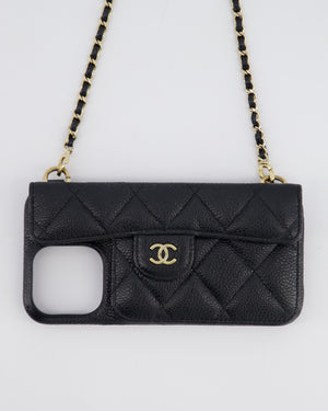 Chanel Black Caviar Cross-Body Phone Case with Champagne Gold Hardware For iPhone 15 Pro Max