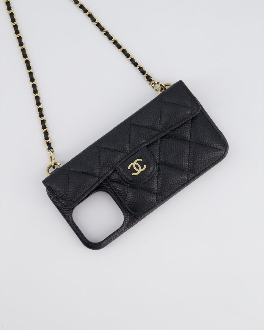 Chanel Black Caviar Cross-Body Phone Case with Champagne Gold Hardware For iPhone 15 Pro Max