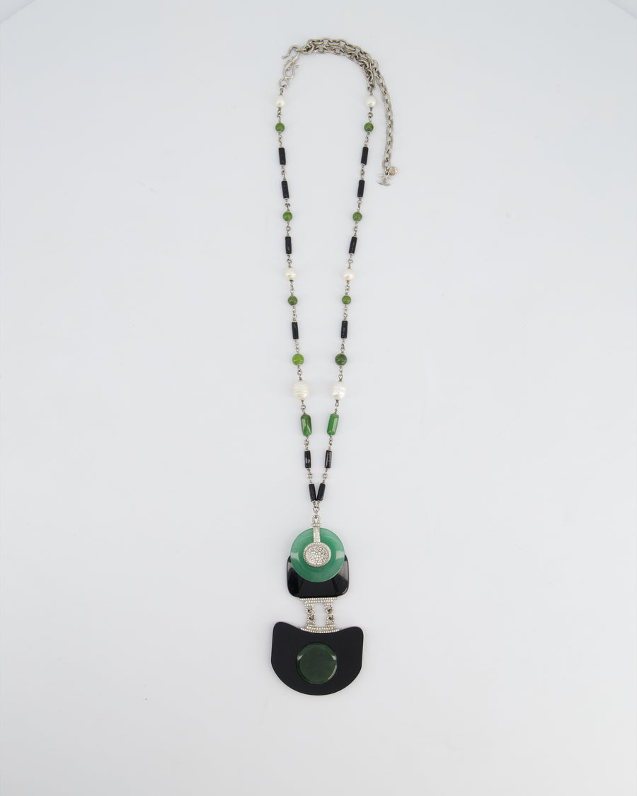 Chanel AW/09 Art Deco Jade, Crystal and Pearl Resin Pendant Necklace