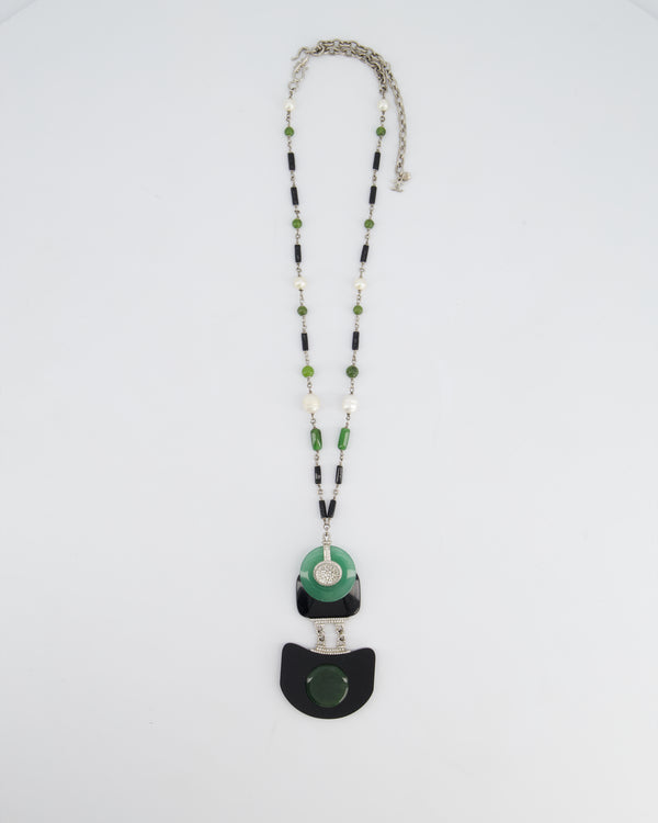 Chanel AW/09 Art Deco Jade, Crystal and Pearl Resin Pendant Necklace