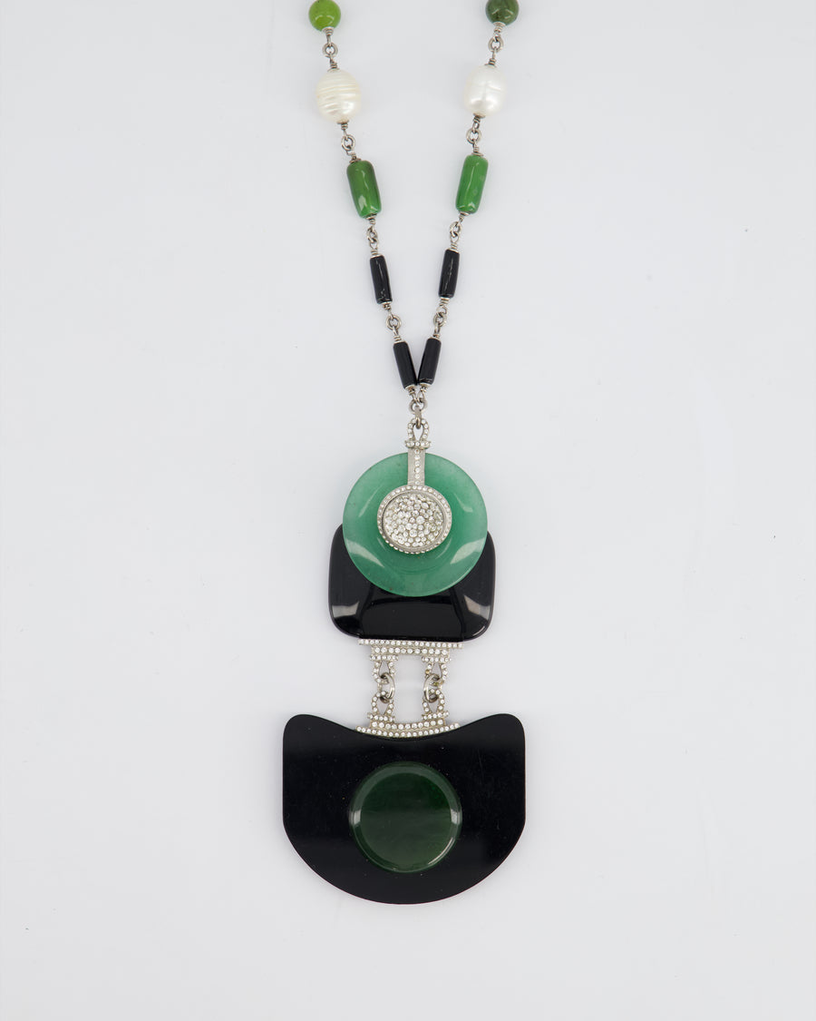 Chanel AW/09 Art Deco Jade, Crystal and Pearl Resin Pendant Necklace