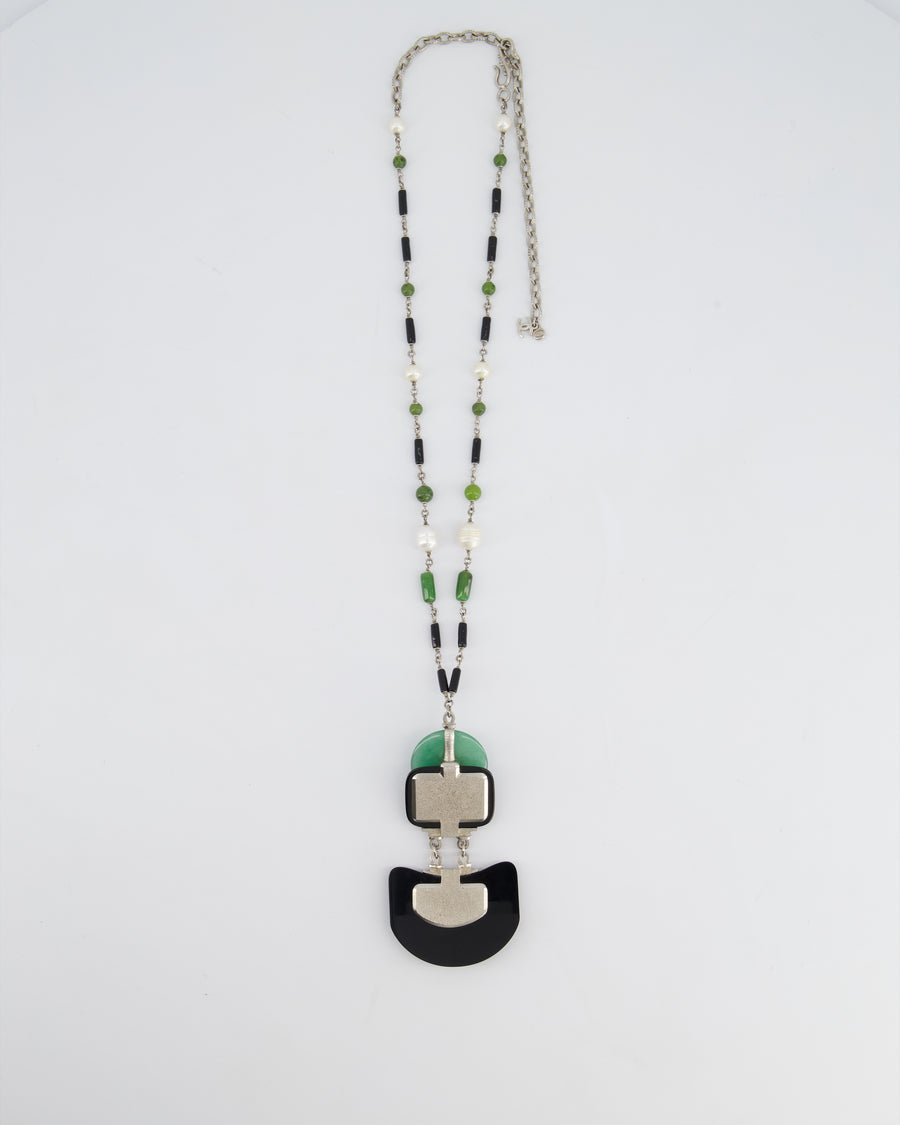 Chanel AW/09 Art Deco Jade, Crystal and Pearl Resin Pendant Necklace