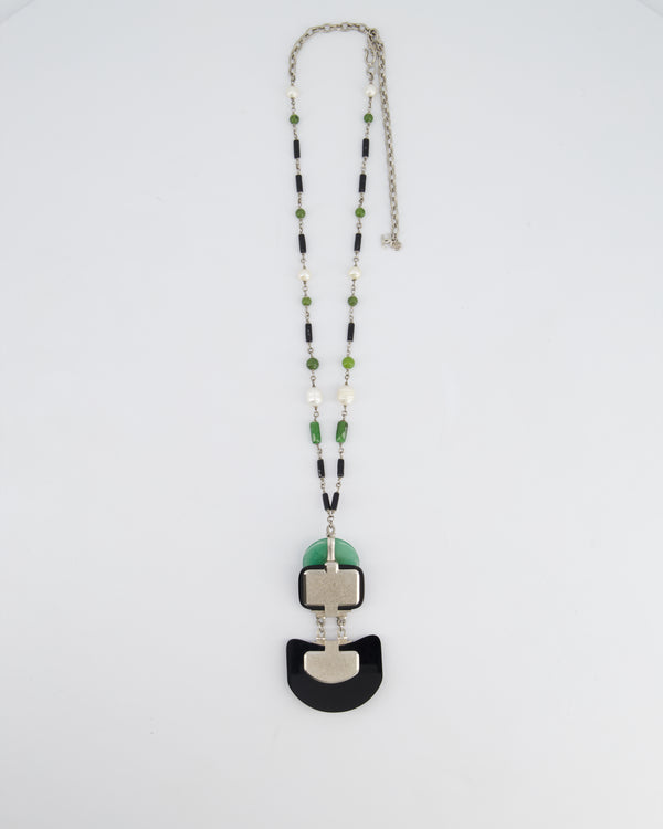 Chanel AW/09 Art Deco Jade, Crystal and Pearl Resin Pendant Necklace