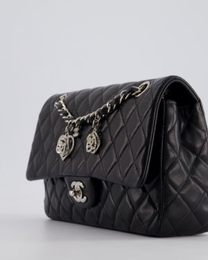 Chanel Black Medium Single Flap Bag with Camelia Crystal Charm Detail Lambskin Leather Silver Hardware