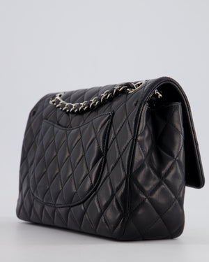 Chanel Black Medium Single Flap Bag with Camelia Crystal Charm Detail Lambskin Leather Silver Hardware