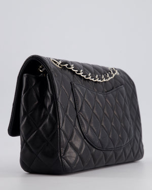 Chanel Black Medium Single Flap Bag with Camelia Crystal Charm Detail Lambskin Leather Silver Hardware