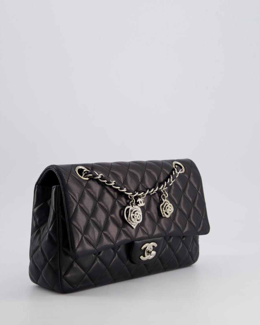 Chanel Black Medium Single Flap Bag with Camelia Crystal Charm Detail Lambskin Leather Silver Hardware