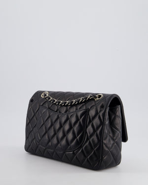 Chanel Black Medium Single Flap Bag with Camelia Crystal Charm Detail Lambskin Leather Silver Hardware