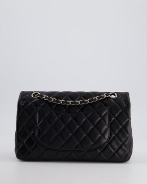 Chanel Black Medium Single Flap Bag with Camelia Crystal Charm Detail Lambskin Leather Silver Hardware