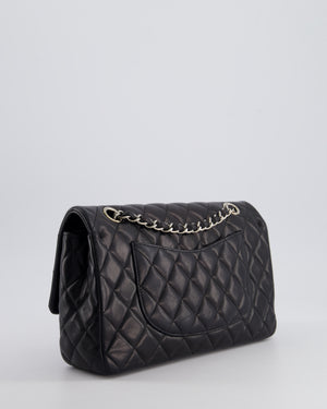 Chanel Black Medium Single Flap Bag with Camelia Crystal Charm Detail Lambskin Leather Silver Hardware